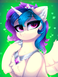 Size: 1875x2500 | Tagged: safe, artist:taiweiart, oc, oc only, alicorn, pony, alicorn oc, bust, ear fluff, female, hoof shoes, horn, jewelry, mare, peytral, raised hoof, solo, thinking, tiara, wings