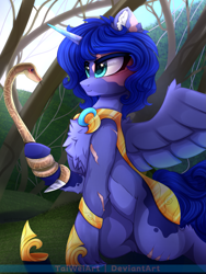 Size: 1875x2500 | Tagged: safe, artist:taiweiart, oc, oc only, oc:eclipse cinaed, alicorn, pony, snake, alicorn oc, chest fluff, hoof shoes, horn, male, outdoors, stallion, tree, wings