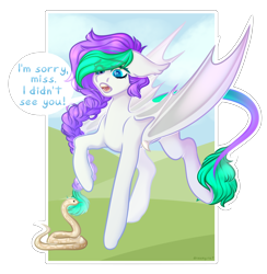 Size: 3744x3833 | Tagged: safe, artist:dreamyrat, oc, oc only, bat pony, pony, snake, bat pony oc, bat wings, blue eyes, commission, dialogue, female, green mane, high res, looking down, mare, open mouth, purple mane, simple background, solo, transparent background, two toned mane, wings