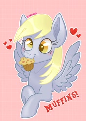 Size: 1448x2048 | Tagged: safe, artist:art_alanis, derpy hooves, pegasus, pony, g4, cute, derpabetes, floating heart, food, heart, mouth hold, muffin, pink background, simple background, solo