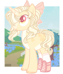 Size: 3406x4000 | Tagged: safe, artist:harusocoma, pony, unicorn, boots, bow, detailed background, pink eyes, shoes, smiling, tail, white mane, white tail, yellow coat