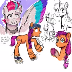 Size: 2048x2048 | Tagged: safe, artist:jetsetu, sunny starscout, zipp storm, earth pony, pegasus, pony, g5, duo, high res, roller skates, simple background, skates, sketch, white background