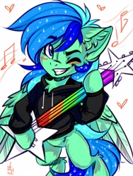 Size: 1200x1600 | Tagged: safe, artist:falafeljake, oc, oc only, pegasus, pony, bipedal, clothes, electric guitar, guitar, hoodie, music notes, musical instrument, one eye closed, solo, wink