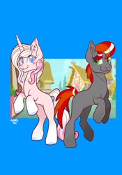 Size: 1431x2048 | Tagged: safe, artist:art_alanis, oc, oc only, oc:jinty, earth pony, pony, unicorn, duo, ponyville