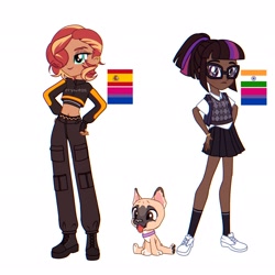 Size: 2048x2048 | Tagged: safe, artist:cryweas, spike, spike the regular dog, sunset shimmer, twilight sparkle, dog, human, equestria girls, g4, alternate hairstyle, belly button, belt, bilight sparkle, bisexual pride flag, boots, bracelet, cargo pants, clothes, collar, dark skin, ear piercing, earring, eyeshadow, female, fingerless gloves, glasses, gloves, hair over one eye, high res, humanized, india, indian, indian flag, jacket, jewelry, makeup, midriff, pants, piercing, ponytail, pride, pride flag, redesign, shirt, shoes, simple background, skirt, socks, spain, spanish, spanish flag, sunset shimmer is bisexual, sweater vest, tanned skin, tongue out, trio, vest, white background