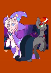 Size: 1431x2048 | Tagged: safe, artist:art_alanis, oc, oc only, oc:jinty, earth pony, pony, unicorn, cape, clothes, duo, hat, ponyville