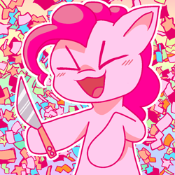 Size: 1000x1000 | Tagged: safe, artist:generalconceptofacat, pinkie pie, earth pony, pony, g4, :3, ><, abstract background, blush lines, blushing, bust, confetti, description is relevant, eyes closed, hoof hold, knife, solo, the implications are horrible, this will end in cupcakes