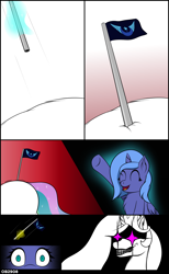 Size: 2500x4061 | Tagged: safe, artist:ob2908, princess celestia, princess luna, alicorn, pony, g4, comic, creepy, duo, flag, new lunar republic