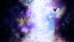 Size: 1920x1080 | Tagged: safe, artist:sandwichhorsearchive, artist:shelltoon, edit, trixie, pony, unicorn, g4, abstract background, bipedal, cape, clothes, female, frown, grunge, hat, lighting, mare, solo, swirls, trixie's cape, trixie's hat, wallpaper, wallpaper edit