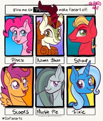 Size: 1668x1969 | Tagged: safe, artist:art_alanis, autumn blaze, marble pie, pinkie pie, scootaloo, sprout cloverleaf, trixie, earth pony, kirin, pegasus, pony, unicorn, g4, g5, awwtumn blaze, cute, cutealoo, diapinkes, female, group, male, mare, six fanarts, stallion