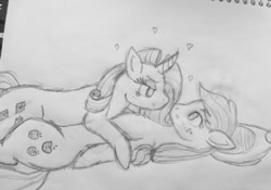 Size: 540x378 | Tagged: safe, artist:meerunn, applejack, rarity, g4, bedroom eyes, doodle, female, heart, imminent kissing, lesbian, lying down, on back, pencil drawing, ship:rarijack, shipping, surprised, traditional art