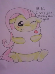 Size: 480x640 | Tagged: safe, artist:fluttersdoodles, fluttershy, pegasus, pony, g4, blushing, hug, one eye closed, pillow, pillow hug, sitting, solo, talking to viewer, traditional art, wink