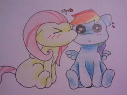 Size: 640x480 | Tagged: safe, artist:fluttersdoodles, fluttershy, rainbow dash, pegasus, pony, g4, :o, ><, blushing, cheek kiss, chu, duo, eyes closed, female, folded wings, kissing, lesbian, open mouth, ship:flutterdash, shipping, sitting, surprised, traditional art, wings