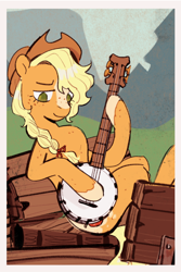 Size: 1200x1800 | Tagged: safe, artist:peachybats, applejack, g4, applejack's hat, banjo, cowboy hat, hat, musical instrument, playing instrument, solo