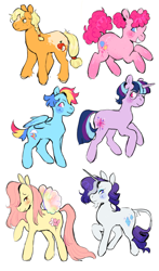 Size: 1203x2047 | Tagged: safe, artist:peachybats, applejack, fluttershy, pinkie pie, rainbow dash, rarity, twilight sparkle, earth pony, pegasus, pony, unicorn, g4, glasses, mane six, redesign, simple background, unicorn twilight, white background