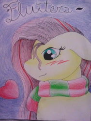 Size: 480x640 | Tagged: safe, artist:fluttersdoodles, fluttershy, pegasus, pony, g4, blushing, clothes, heart, looking down, scarf, smiling, solo, striped scarf, traditional art