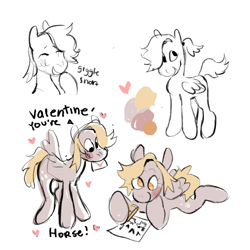 Size: 1280x1280 | Tagged: safe, artist:peachybats, derpy hooves, pegasus, pony, g4, alternate hairstyle, blushing, drawing, female, giggling, heart, holiday, letter, ponytail, reference sheet, simple background, sketch, solo, text, valentine you're a horse, valentine's day, white background, writing