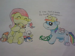 Size: 640x480 | Tagged: safe, artist:fluttersdoodles, fluttershy, rainbow dash, pegasus, pikachu, pony, psyduck, g4, female, lesbian, piglet, plushie, pokémon, ship:flutterdash, shipping, slowpoke, traditional art