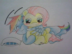 Size: 640x480 | Tagged: safe, artist:fluttersdoodles, fluttershy, rainbow dash, pegasus, pony, g4, blushing, duo, eyes closed, female, hug, lesbian, pillow, ship:flutterdash, shipping, smiling, traditional art, winghug, wings