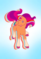 Size: 1431x2048 | Tagged: safe, artist:art_alanis, sunny starscout, earth pony, pony, g2, g5, female, g5 to g2, generation leap, gradient background, mane stripe sunny, mare, open mouth, open smile, smiling, solo, unshorn fetlocks