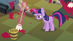 Size: 1920x1080 | Tagged: safe, screencap, twilight sparkle, pony, unicorn, g4, season 2, the last roundup, cleaning, female, magic, mare, mop, solo, telekinesis, unicorn twilight