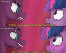 Size: 3057x2480 | Tagged: safe, artist:ulaaviz, derpibooru exclusive, tempest shadow, twilight sparkle, alicorn, pony, unicorn, g4, brazilian portuguese, caption, english, female, high res, lesbian, multi language, portuguese, shipping, text, twilight sparkle (alicorn)