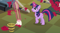 Size: 1920x1080 | Tagged: safe, screencap, twilight sparkle, pony, unicorn, g4, season 2, the last roundup, cleaning, female, magic, mare, mop, solo, telekinesis, unicorn twilight