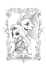 Size: 803x1285 | Tagged: safe, artist:kotle1ka, fluttershy, rarity, pony, unicorn, g4, black and white, fluttergoth, grayscale, monochrome, simple background, white background