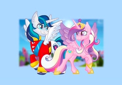 Size: 2048x1431 | Tagged: safe, artist:art_alanis, princess cadance, shining armor, alicorn, pony, g4, alicornified, crystal empire, duo, female, heart, heart eyes, male, mare, prince shining armor, race swap, shiningcorn, stallion, wingding eyes