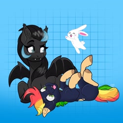 Size: 2048x2048 | Tagged: safe, artist:art_alanis, oc, oc only, bat pony, earth pony, pony, rabbit, animal, blue background, gradient background, high res, solo