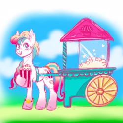 Size: 2048x2048 | Tagged: safe, artist:art_alanis, earth pony, pony, cloud, flower, food, grass, high res, popcorn, popcorn machine, poppy, sky, solo, vendor cart