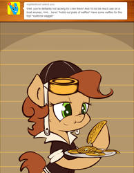 Size: 700x900 | Tagged: safe, artist:subjectnumber2394, oc, oc:copper wings, pegasus, pony, ask copper wings, ask, clothes, comic, eating, food, goggles, herbivore, jacket, plate, waffle, wingless