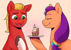 Size: 4132x2919 | Tagged: safe, artist:daisy_marshmallow, sprout cloverleaf, sunny starscout, earth pony, pony, g5, braid, braided ponytail, cupcake, cute, duo, eyes closed, female, food, happy, male, mane stripe sunny, mare, open mouth, open smile, ponytail, smiling, sproutbetes, sproutlove, stallion, sunnybetes, unshorn fetlocks