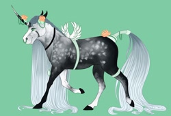 Size: 1280x871 | Tagged: safe, artist:jezebel_remedy, oc, oc only, horse, pony, unicorn, coat markings, dappled, fake wings, flower, green background, long mane, long tail, raised hoof, simple background, solo, tail