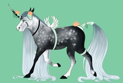 Size: 1280x871 | Tagged: safe, artist:jezebel-remedy, oc, oc only, horse, pony, unicorn, coat markings, dappled, fake wings, flower, green background, long mane, long tail, raised hoof, simple background, solo, tail