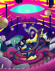 Size: 4000x5200 | Tagged: safe, artist:carbonated-jem, discord, draconequus, g4, abstract background, bill cipher, city, cityscape, crossover, fight, gravity falls, male, tornado, vs, weirdmageddon 4: somewhere in the woods