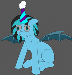 Size: 1680x1748 | Tagged: safe, artist:neon icy wings, oc, oc only, oc:neon icy wings, bat pony, bat pony oc, full body, hat, party hat, simple background, sitting