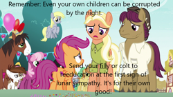 Size: 1280x720 | Tagged: safe, edit, edited screencap, screencap, cheerilee, chipcutter, derpy hooves, feather bangs, mane allgood, mercury, pipsqueak, scootaloo, snap shutter, starry eyes (character), trouble shoes, earth pony, pegasus, pony, g4, butt, caption, colt, female, filly, foal, image macro, male, mare, plot, propaganda, scootabutt, scootaloo's parents, stallion, text
