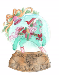 Size: 1800x2329 | Tagged: safe, artist:birman-ink, minty, a very minty christmas, g3, bell, christmas, clothes, holiday, simple background, snow globe, socks, solo, traditional art, watercolor painting, white background