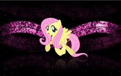 Size: 1920x1200 | Tagged: safe, artist:demomare, artist:drakathownz, edit, fluttershy, pegasus, pony, g4, abstract background, female, looking at you, mare, open mouth, open smile, reflection, smiling, smiling at you, solo, spread wings, stars, trotting, wallpaper, wallpaper edit, wings