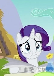 Size: 229x319 | Tagged: safe, screencap, daisy, flower wishes, rarity, pony, unicorn, fame and misfortune, g4, crying, cute, female, flower, frown, mare, newspaper, offscreen character, poor rarity, raribetes, sad, sadorable, solo focus, teary eyes, vase, wavy mouth