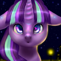 Size: 1024x1024 | Tagged: safe, artist:kinjareta, starlight glimmer, pony, unicorn, g4, female, looking at you, mare, simple background, solo, starry background, starry eyes, wingding eyes