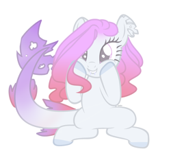 Size: 2418x2252 | Tagged: safe, artist:harusocoma, oc, original species, pony, shark, shark pony, gradient tail, high res, hooves on face, pink mane, purple tail, simple background, sitting, smiling, solo, tail, white background, white tail