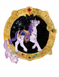 Size: 1800x2329 | Tagged: safe, artist:birman-ink, spike, twilight sparkle, g4, saddle, simple background, stars, tack, traditional art, watercolor painting, white background