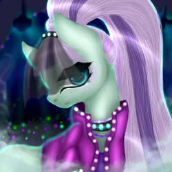 Size: 1024x1024 | Tagged: safe, artist:kinjareta, coloratura, earth pony, pony, g4, clothes, collar, countess coloratura, female, jacket, looking at you, mare, musician, night, side view, solo