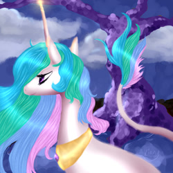 Size: 1024x1024 | Tagged: safe, artist:kinjareta, princess celestia, alicorn, pony, g4, cloud, cloudy, female, jewelry, looking offscreen, mare, regalia, side view, solo, tree