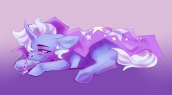 Size: 1423x789 | Tagged: safe, artist:ppprinceran, trixie, pony, unicorn, g4, cape, clothes, crying, lying down, solo, trixie's cape