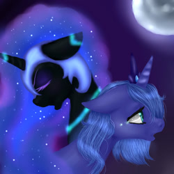 Size: 1024x1024 | Tagged: safe, artist:kinjareta, nightmare moon, princess luna, alicorn, pony, g4, crying, eyes closed, facing away, female, looking offscreen, mare, moon, sad, simple background