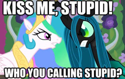 Size: 529x334 | Tagged: safe, edit, edited screencap, screencap, princess celestia, queen chrysalis, alicorn, changeling, changeling queen, pony, g4, caption, image macro, looking at each other, looking at someone, stare, text