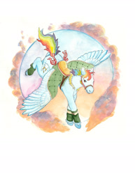 Size: 1800x2329 | Tagged: safe, artist:birman-ink, rainbow dash, pegasus, pony, g4, flying, saddle, simple background, solo, tack, traditional art, watercolor painting, white background